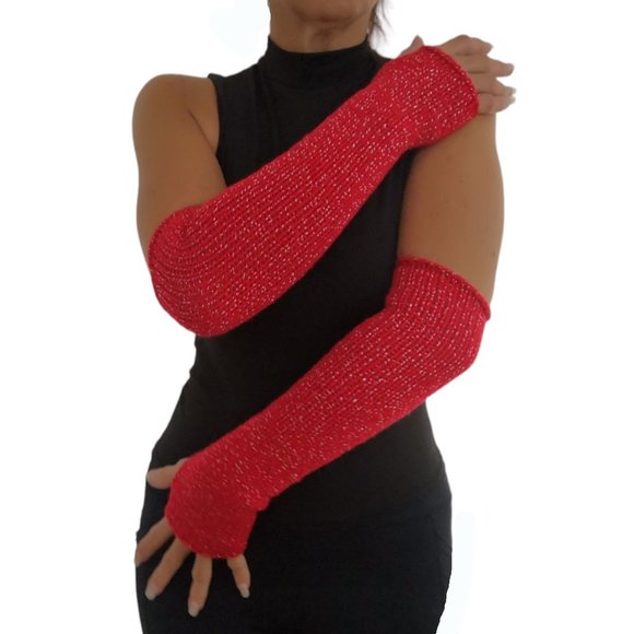 Red Silver Glitter Handmade Knitted Long Fingerless Gloves Valentines Gi… - Picture 7 of 11